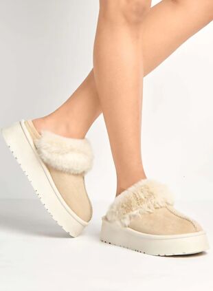 Beige Chestnut Chunky Platform Faux Fur Slippers