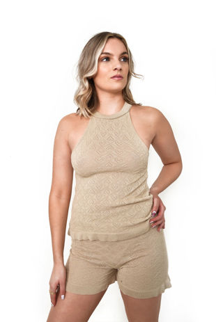 White Crochet Knitted Halter Top And Shorts Co-Ord