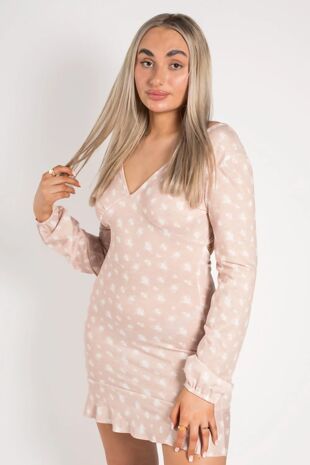 Stone Ditsy Floral Tie Back Frill Hem Bodycon Dress