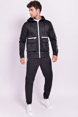 Black Contrast Zip Detail Cargo Skinny Tracksuit 