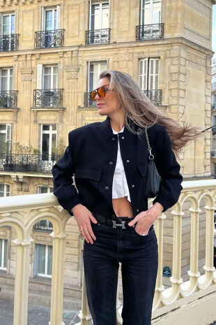 Black Cropped Long Sleeve Bomber Jacket
