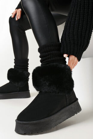 Black Faux Fur Lined Platform Ankle Boots
