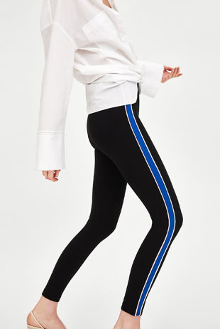 Black Leggings With Blue Piped Side Stripes