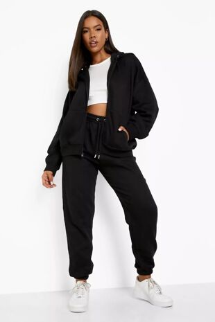 Plus Size Black Oversized Zip Hooded Tracksuit