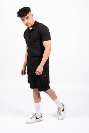 Black Pique Polo And Cargo Short Set