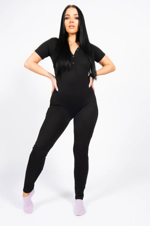Black Rib Button Up Short Sleeve Jumpsuit