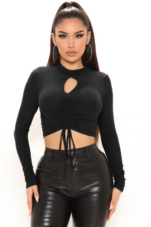 Black Ruched Keyhole Long Sleeve Top