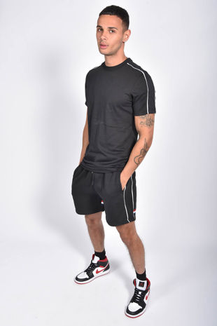 Black Tape Striped Back Piped Short Set