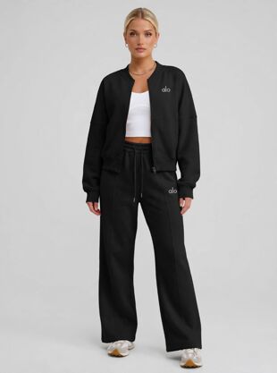 Black Printed Bomber Sweatshirt With Straight Leg Jogger
