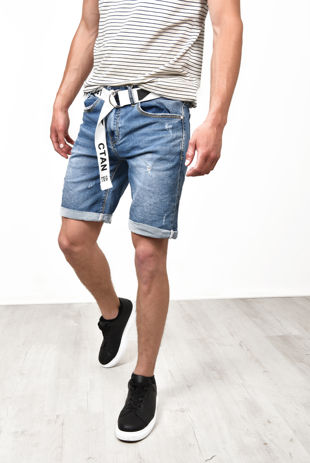 Blue Ripped Belted Denim Shorts With Turn Up Hem