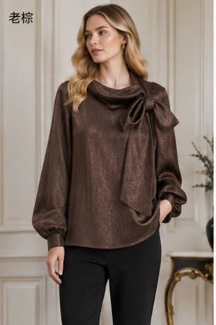 Brown Elegant Bow-Detail Textured Blouse
