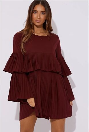 Brown Pleated Long Sleeve Smock Dress