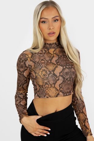 Brown Snake Print Ribbed Long Sleeve Crop Top