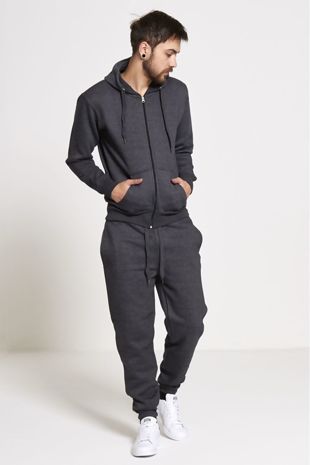 Plus Size Charcoal Fleece Jogging Pockets Bottoms Plain Tracksuit