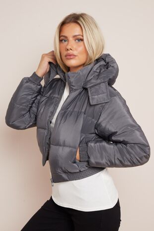 Charcoal Grey Short Hooded Puffer Coat