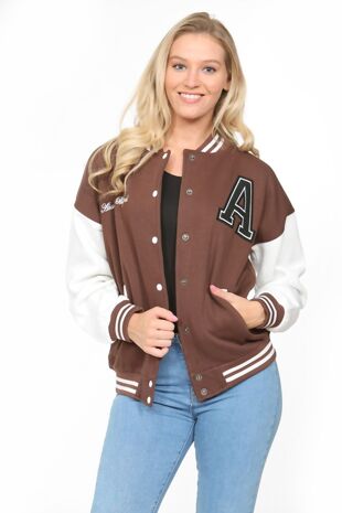 Job Lot Letter Patched Contrast Sleeve Varsity Jacket-Copy