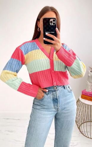 Coral Rainbow Pointelle Button Cardigan