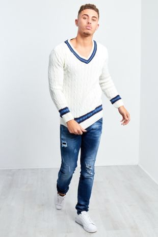 Cream Cable Knitted V Neck Cricket Jumper