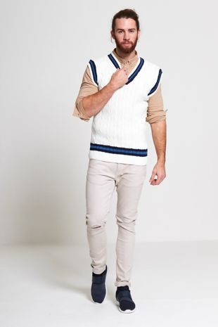 Cream Sleeveless Cable Knitted V Neck Cricket Jumper