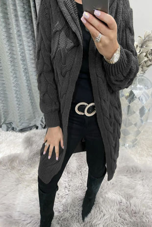 Charcoal Cable Knit Hood Cardigan