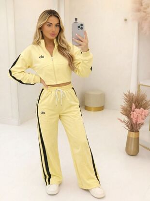 Yellow Printed Interlock 2 Stripe Sweatshirt With Wide Leg Trouser