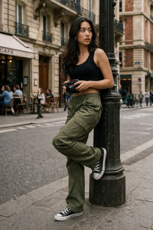 Khaki Adjustable Hem Cargo Pocket Wide Leg Trouser