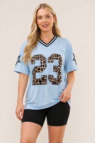 Sky Blue Leopard Base Print Varsity T-Shirt