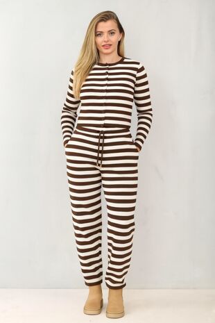 Brown Contrast Striped Molly Button Top and Wide Leg Trousers
