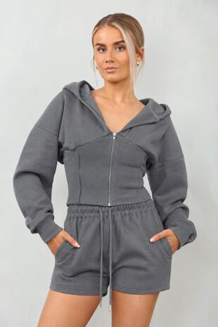 Slate Grey Ribbed Corset Fit Hooded Short Set