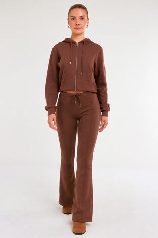 Chocolate Cropped Zipped Hoodie With Bell Bottom Trouser