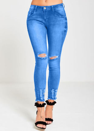 Dark Blue Knee Ripped Skinny Hem Jeans