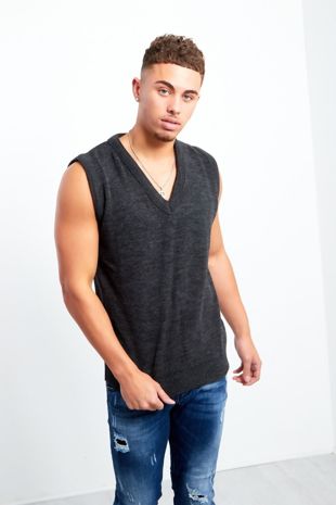 Dark Grey V-Neck Sleeveless Knitted Jumper