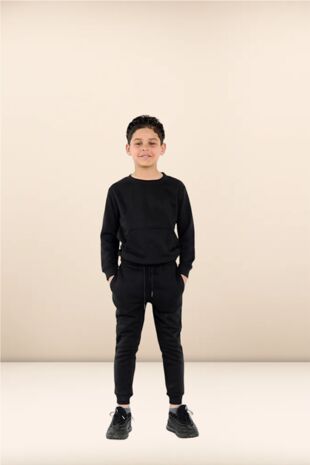 Kids Black Round Neck Sweatshirt Bottom Tracksuits