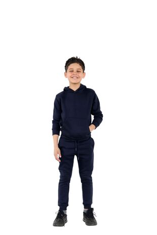 Navy Kids Plain Fleece Pullover Hooded Tracksuit