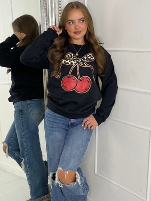 Black Leopard Print Bow Cherry Sweatshirt
