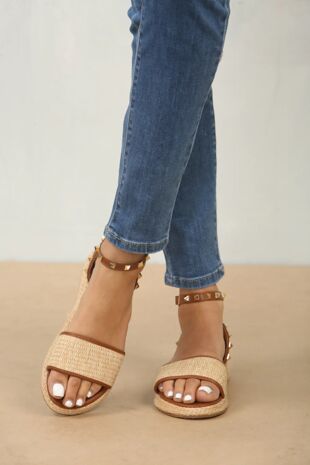 Tan Studded Raffia Closed Back Ankle Strap Sandals