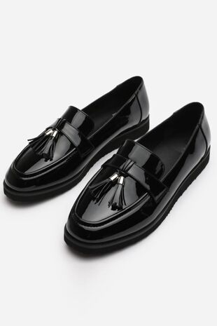 Black Patent Chunky Tassel Loafers
