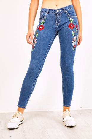 Floral Embroidery Mid Rise Skinny Jeans 