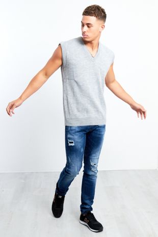 Plus Size Grey V-Neck Sleeveless Knitted Jumper