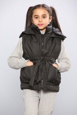 Girls Black Pocket Front Tie Waist Puffer Gilet
