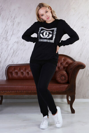 Girls Black Sequin CG Logo Loungewear Set