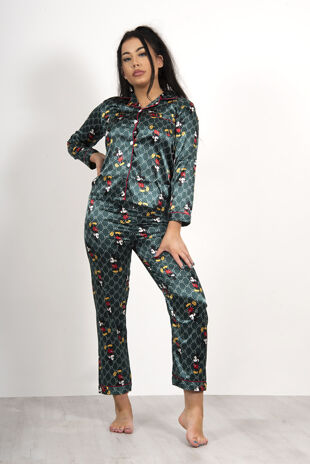 Green Mickey Mouse Long Sleeve Satin PJ Set