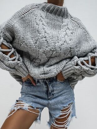 Grey Braided Sleeve Chunky Knitted Jumper