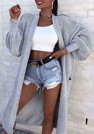 Grey Longline Balloon Sleeve Knitted Cardigan