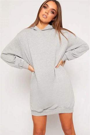 Grey Oversized Baggy Pocket Sweat Hood Dress