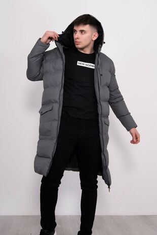 Grey Padded Hood Longline Parka Size XL