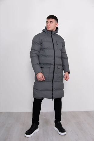 Grey Padded Hood Longline Parka Size 2XL
