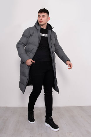 Grey Padded Hood Longline Parka