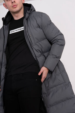 Grey Padded Hood Longline Parka Size M