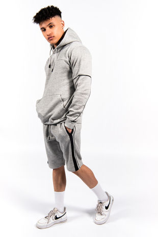 Grey Contrast Zip Piped Hoodie And Short Set